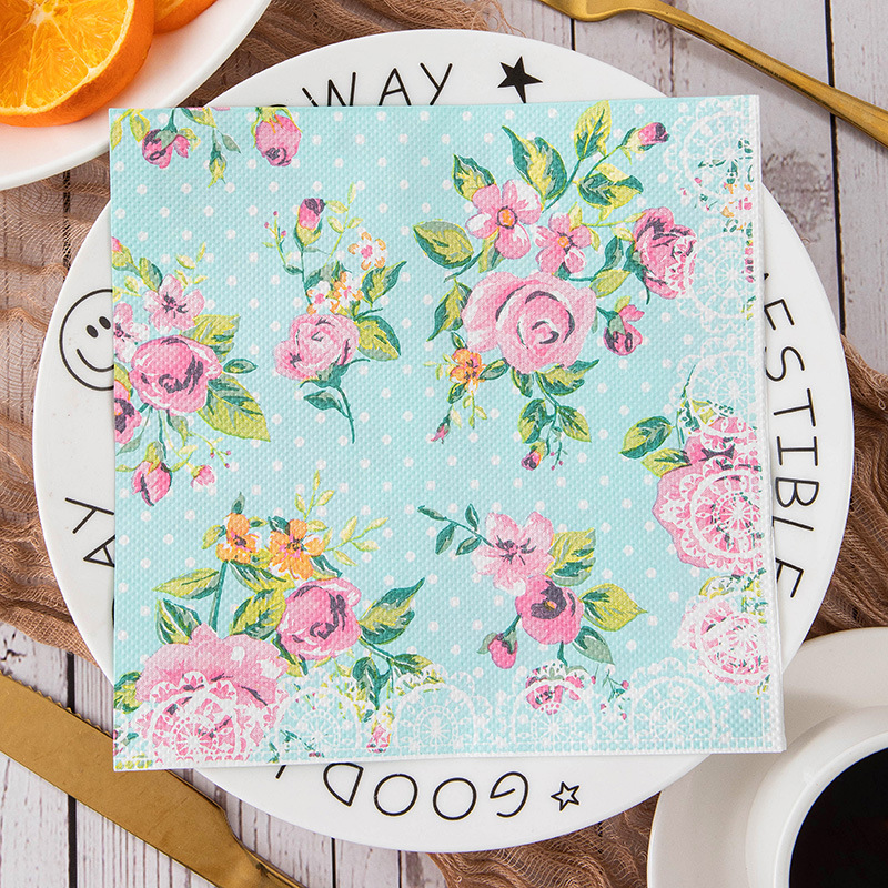 Aqua Pink Roses Lace Napkins