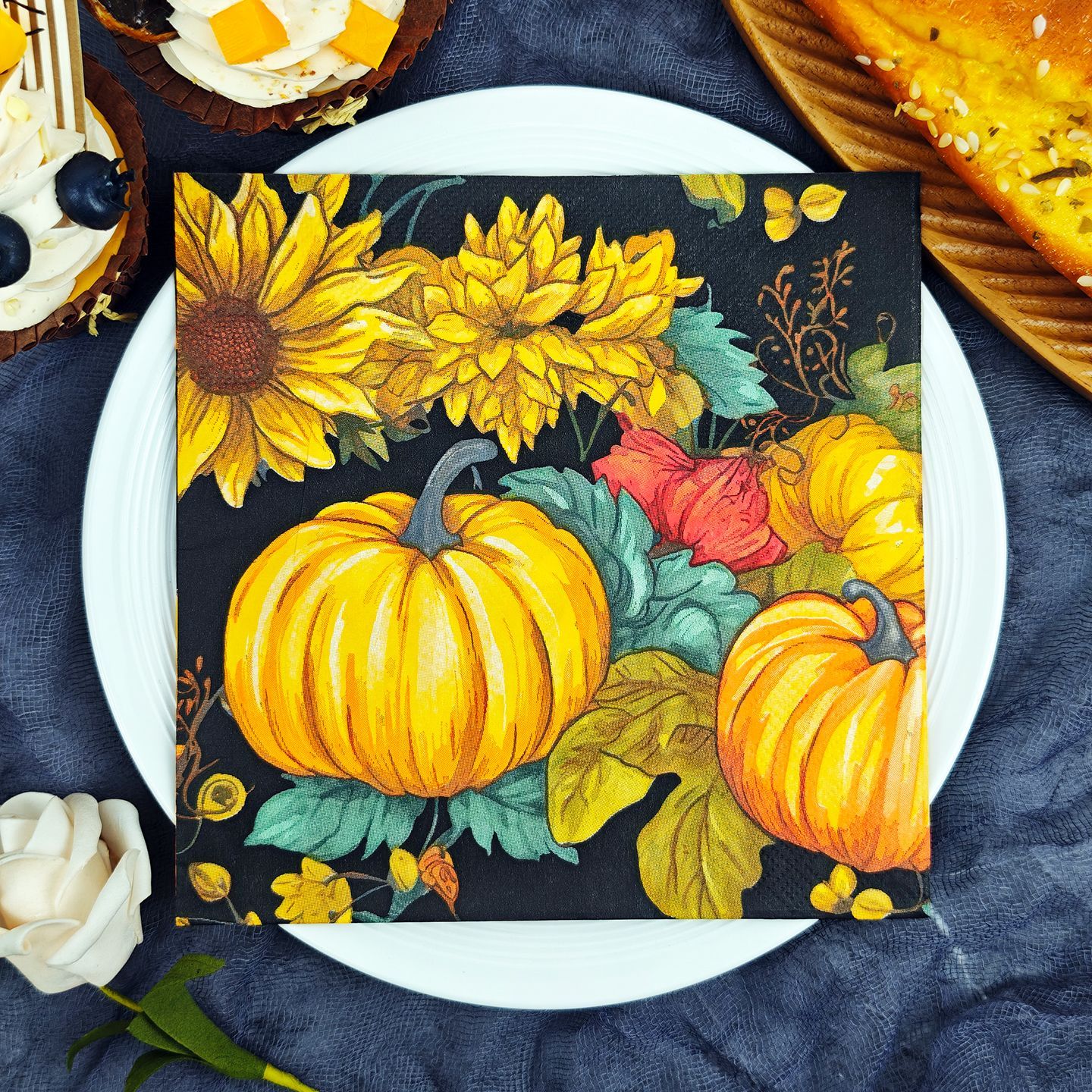 Autumn Sunflower & Pumpkin Watercolor Napkins