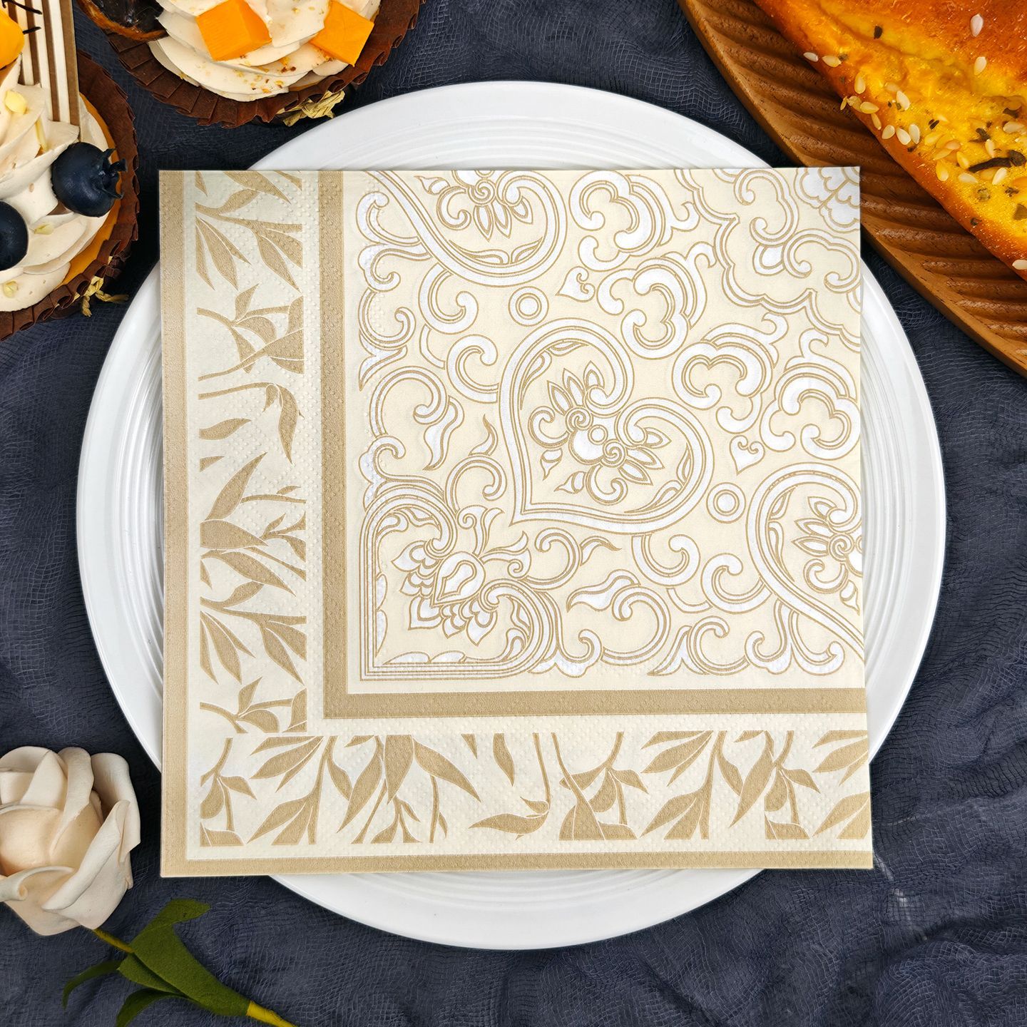 Beige Gold Floral Border Napkins