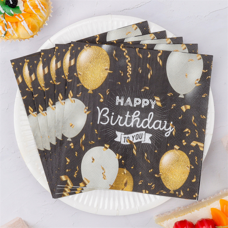 Black Gold Balloon Birthday Plate Napkins
