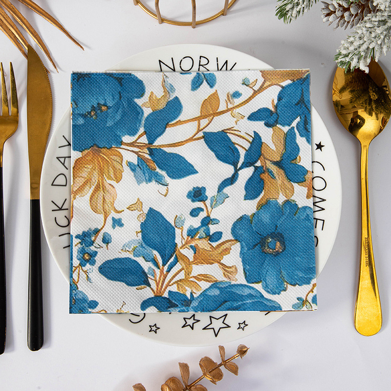 Blue Gold Floral Leaves Napkins