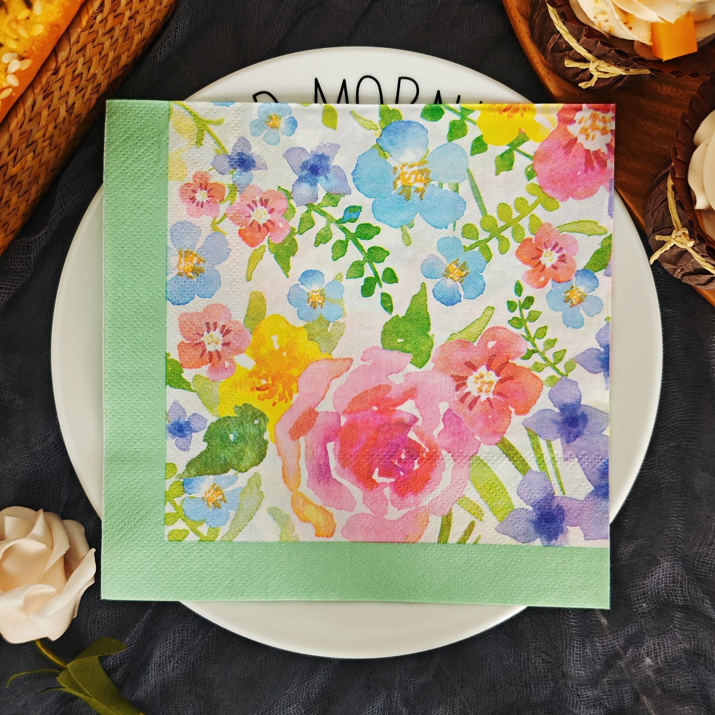 Colorful Watercolor Wildflower Green Border Napkins