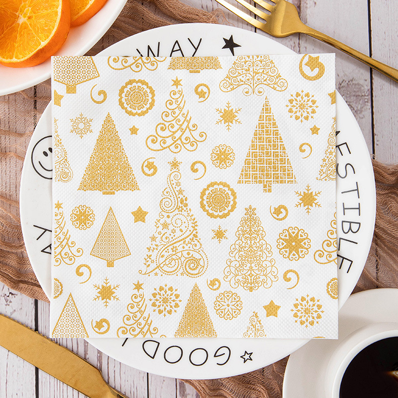 Gold Christmas Trees Snowflakes Napkins