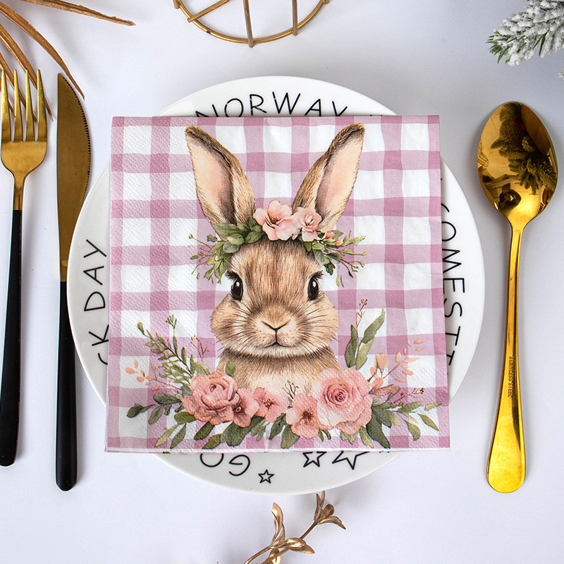 Pink Gingham Bunny Flowers Napkins