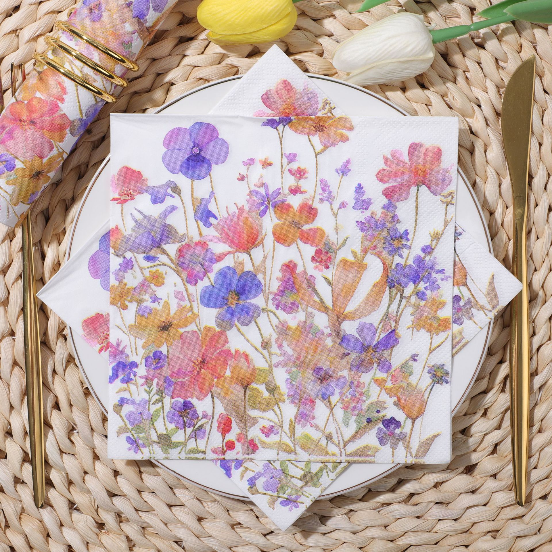 Purple Blue Orange Flower Field Napkins