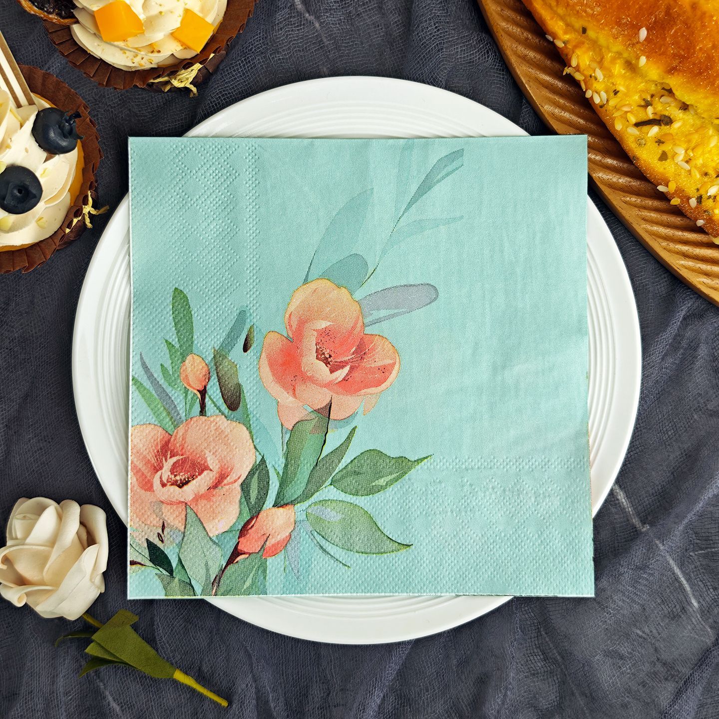 Teal Pink Peony Watercolor Napkins