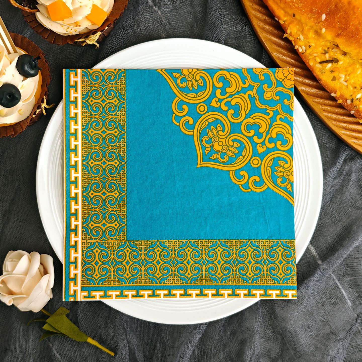 Turquoise Gold Chinese Border Napkins