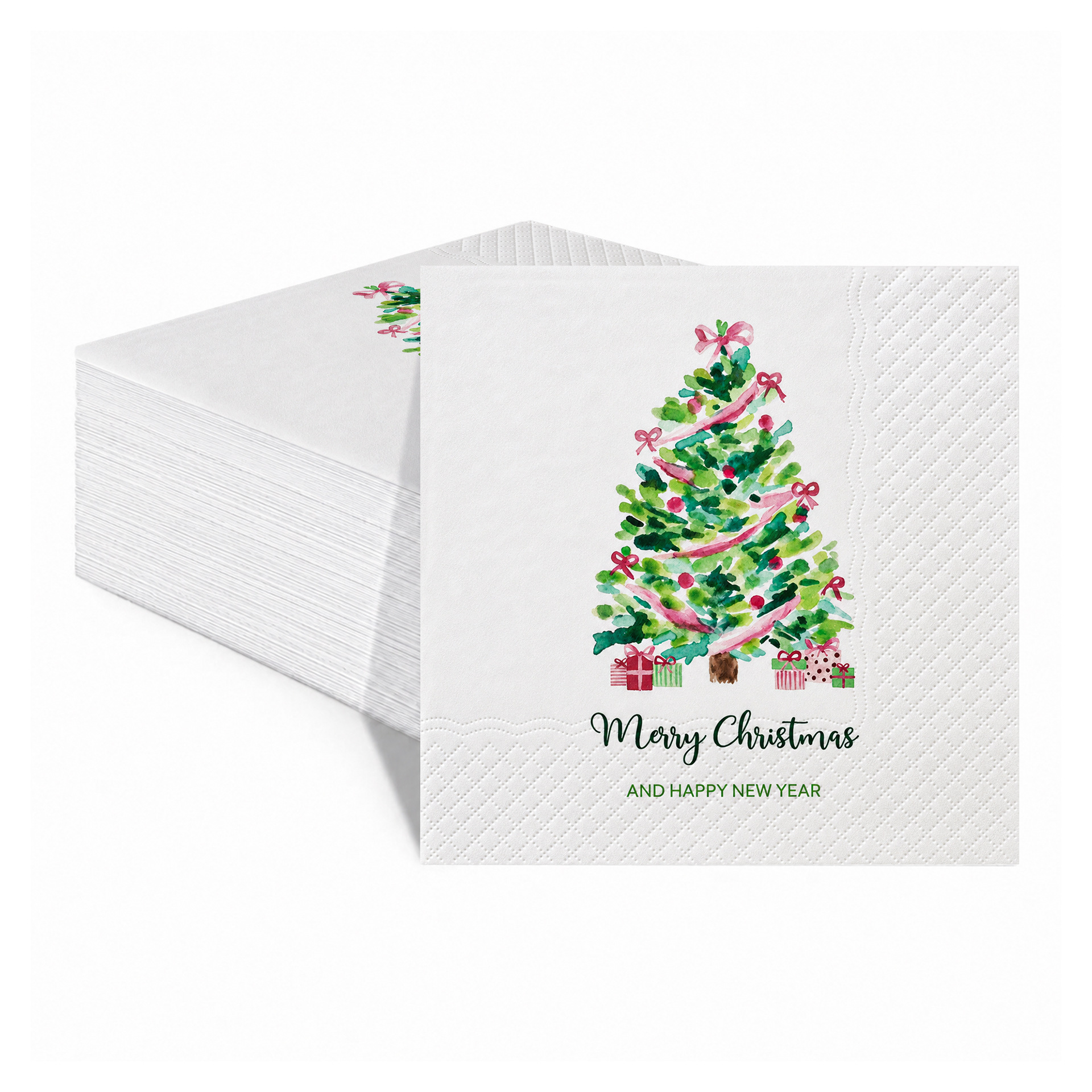 Watercolor Christmas Tree Pink Bows